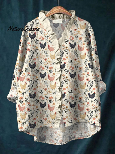Farm Chicken & Floral Print Ruffled Linen Shirt