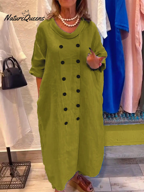 Women's Loose Button Cotton and Linen Dress