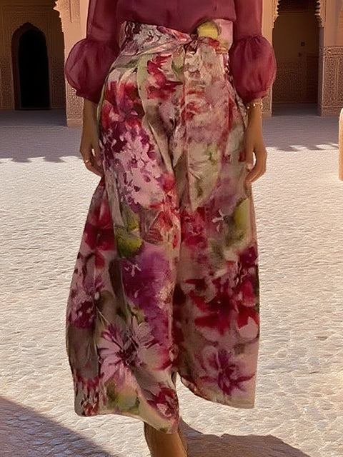 Elegant Lantern Sleeve Top and Floral Skirt Two-Piece Set
