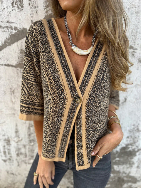 Retro Totem Print Cotton and Linen Top