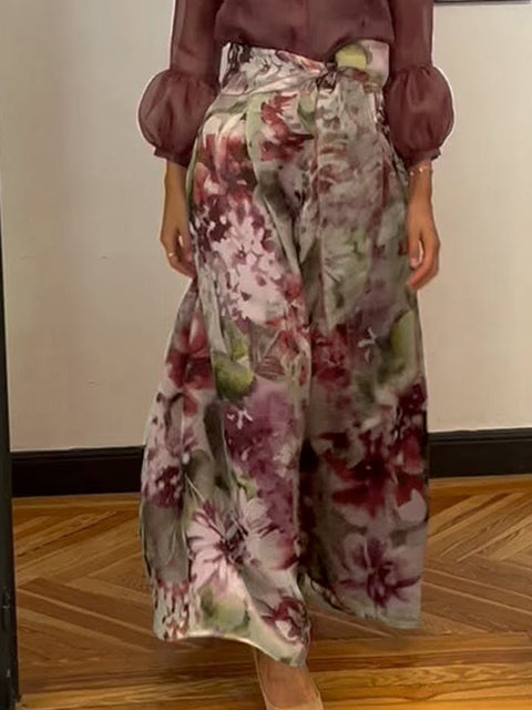 Elegant Lantern Sleeve Top and Floral Skirt Two-Piece Set