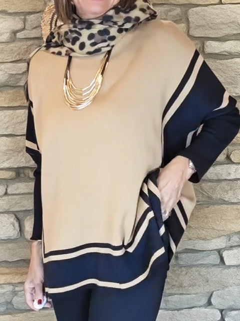 Colorblock Square Line Knitted Sweater Cape