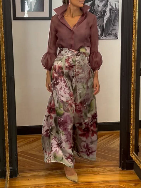 Elegant Lantern Sleeve Top and Floral Skirt Two-Piece Set