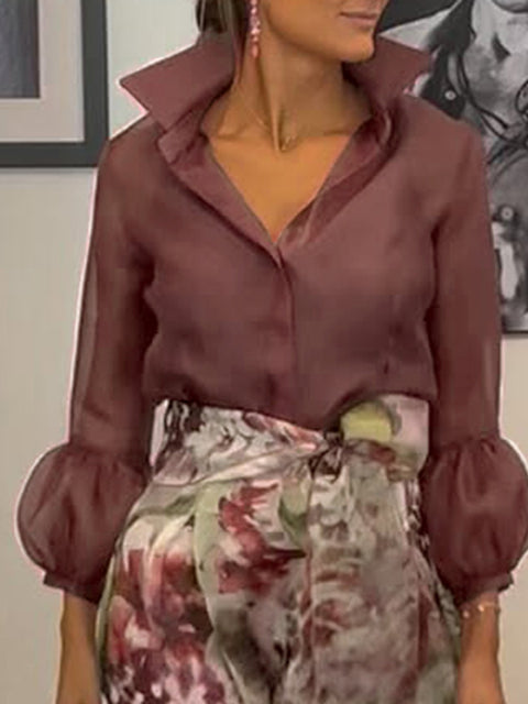 Elegant Lantern Sleeve Top and Floral Skirt Two-Piece Set