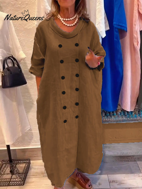 Women's Loose Button Cotton and Linen Dress
