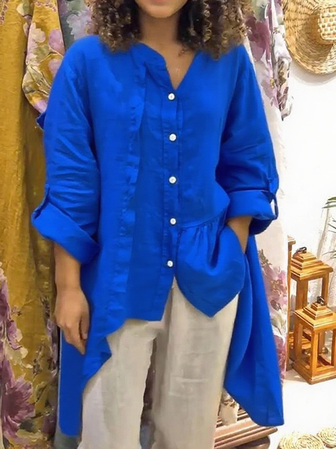 Irregular Hem Cotton and Linen Long-sleeved Top