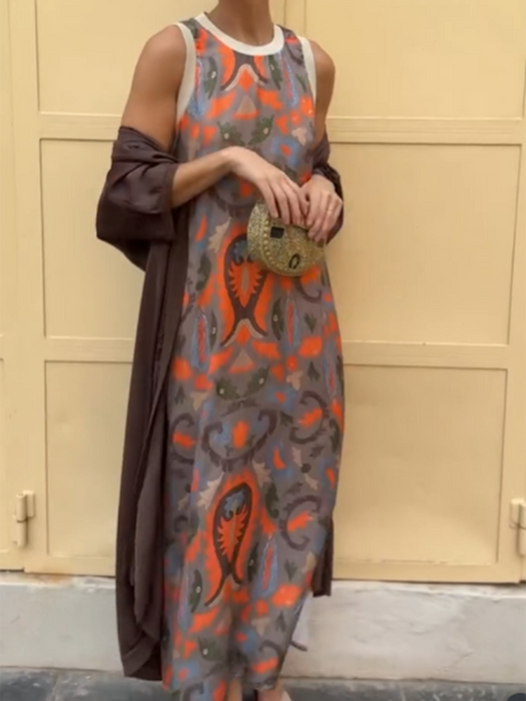 Women's Printed Satin Cardigan Dress Two-Piece Set