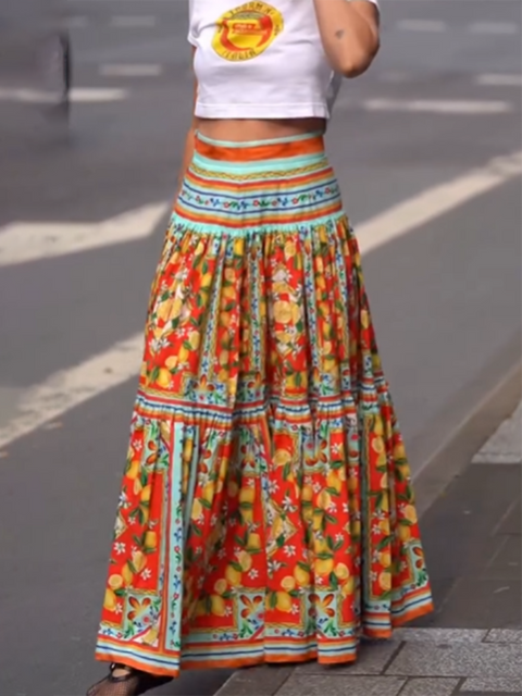 Women's Retro Lemon Flower Print Skirt