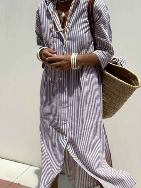 Striped Cardigan Lapel Shirt Dress