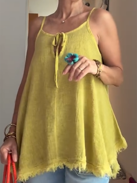 Women's Tassel Hem Tie Linen Top