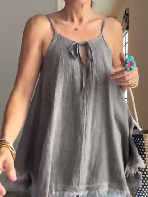 Women's Tassel Hem Tie Linen Top