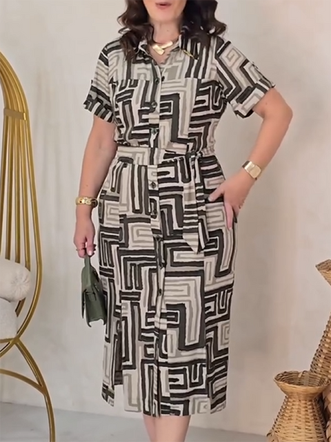 Artistic Geometric Print Dress with Belt