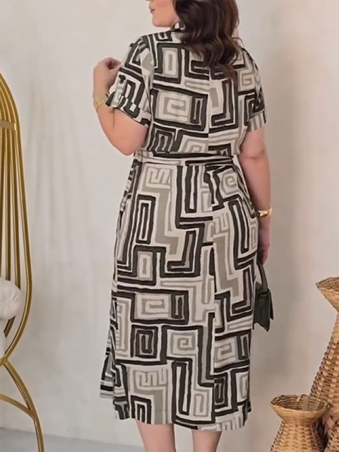 Artistic Geometric Print Dress with Belt
