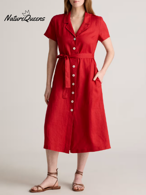 Linen Button Dress with Adjustable Belt
