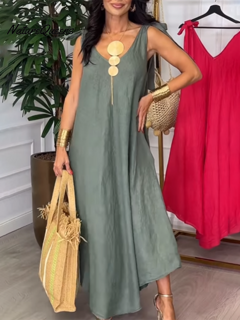 Tie-strap Bow Cotton and Linen Dress