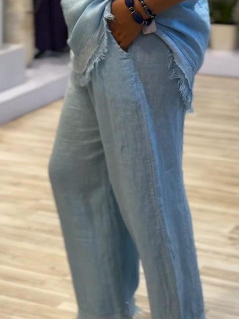 Tassel-edged Linen Top and Pants Two-piece Set