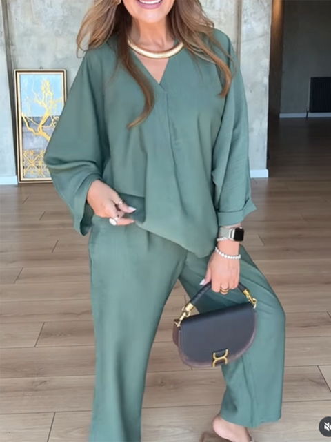 Casual Solid Color V-neck Top and Pants Two-piece Set