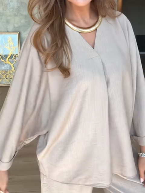 Casual Solid Color V-neck Top and Pants Two-piece Set