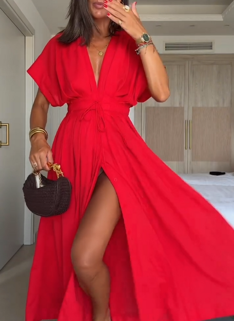 Women's V-neck Lace-up Toby Midi Dress