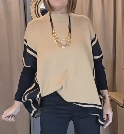 Colorblock Square Line Knitted Sweater Cape