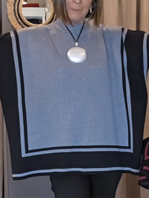Colorblock Square Line Knitted Sweater Cape