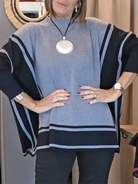 Colorblock Square Line Knitted Sweater Cape