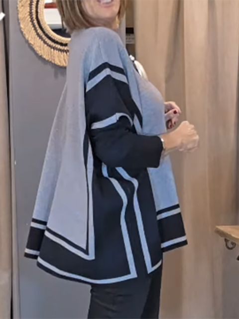 Colorblock Square Line Knitted Sweater Cape