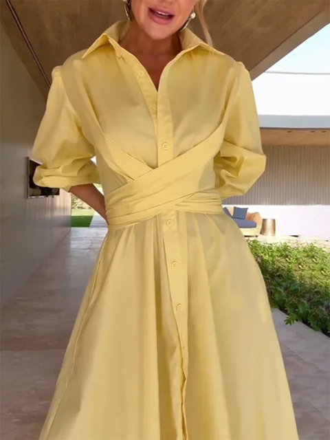 Elegant Waist Tie Cotton Dress