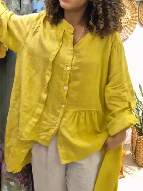 Irregular Hem Cotton and Linen Long-sleeved Top