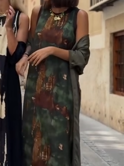 Artistic Watercolor Print Dress and Cardigan Two-piece Set