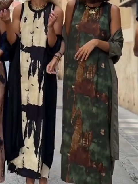 Artistic Watercolor Print Dress and Cardigan Two-piece Set