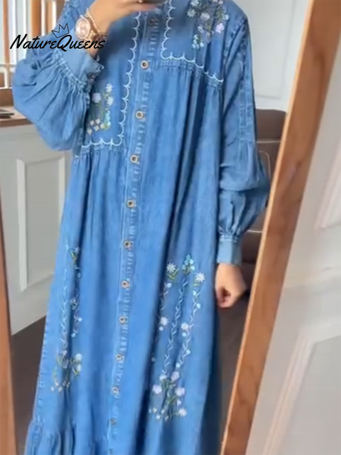 Floral Embroidery Denim Long-Sleeve Loose Dress