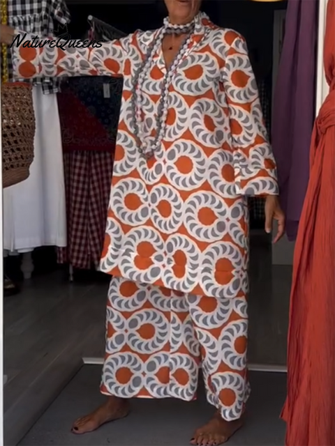 Women's Art Circle Print Shirt and Pants Cotton Two-Piece Set