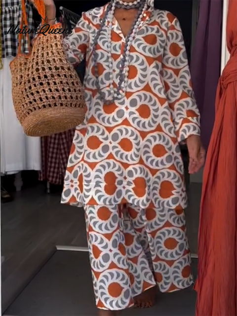 Women's Art Circle Print Shirt and Pants Cotton Two-Piece Set