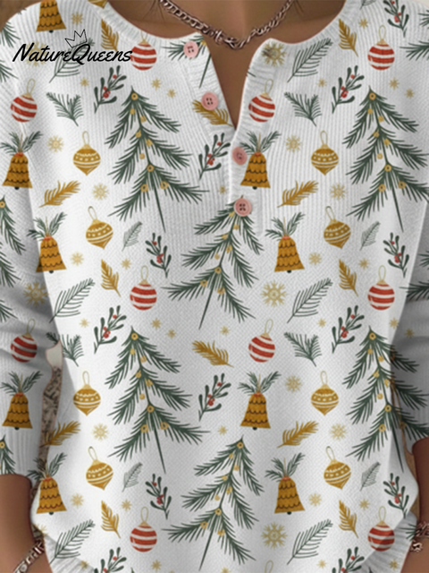 Women's Retro Christmas Bell and Leaf Print Button Sweater