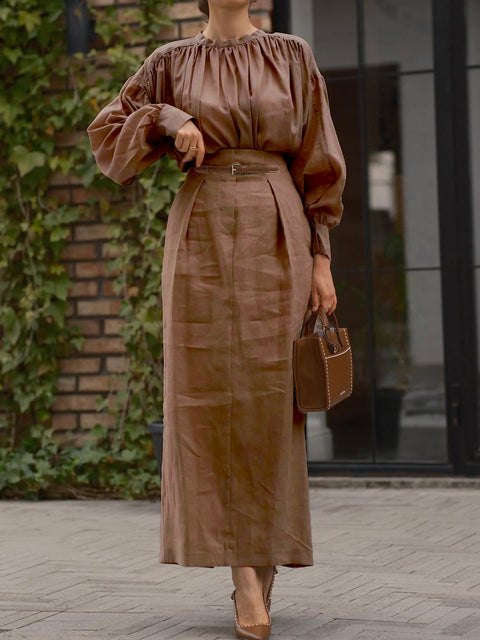 Pleated High Collar Shirt and Skirt Linen Two-piece Suit