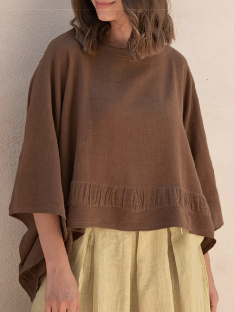 Batwing Sleeve Boat Neck Cotton and Linen Top