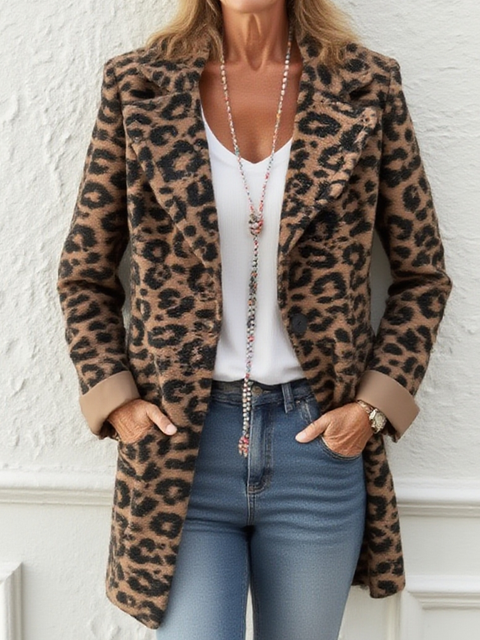 Animal Print Cuffs Color-block Woolen Coat