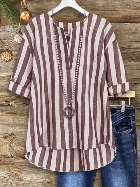 Women's Two-tone Striped Cotton and Linen Top