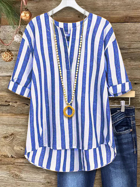 Women's Two-tone Striped Cotton and Linen Top