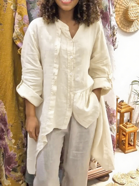 Irregular Hem Cotton and Linen Long-sleeved Top