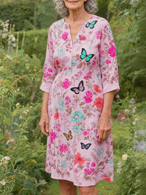 Flower and Butterfly Cotton and Linen Dress