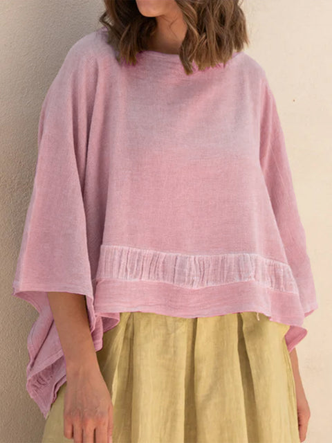 Batwing Sleeve Boat Neck Cotton and Linen Top