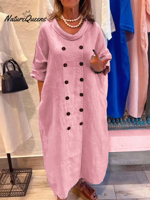 Women's Loose Button Cotton and Linen Dress