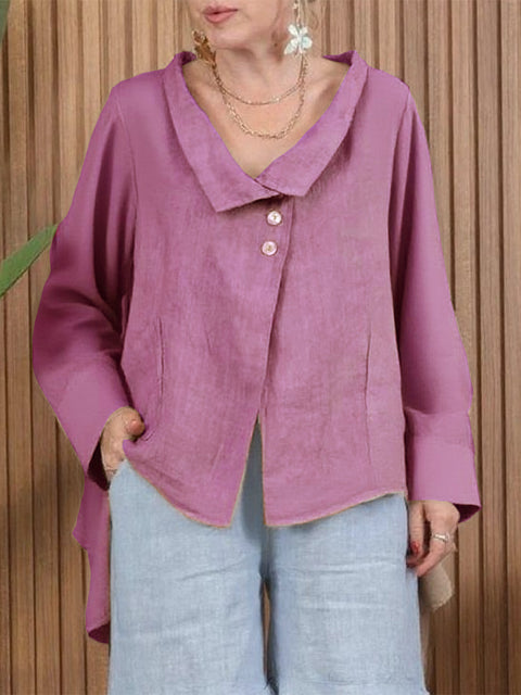 Lapel Buttoned Irregular Hem Linen Top