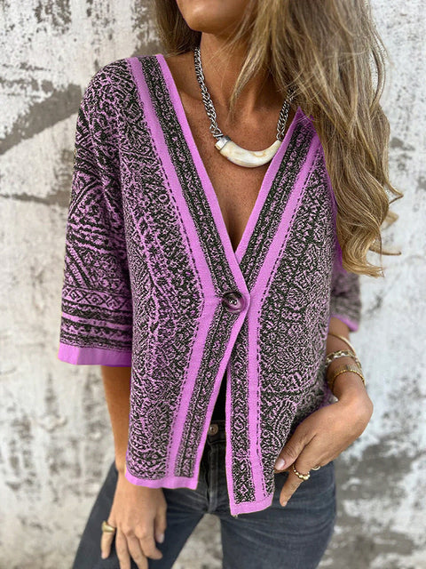 Retro Totem Print Cotton and Linen Top
