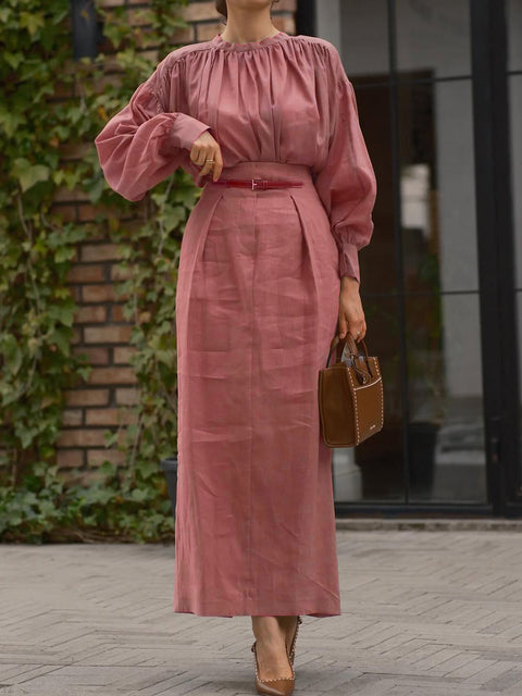Pleated High Collar Shirt and Skirt Linen Two-piece Suit