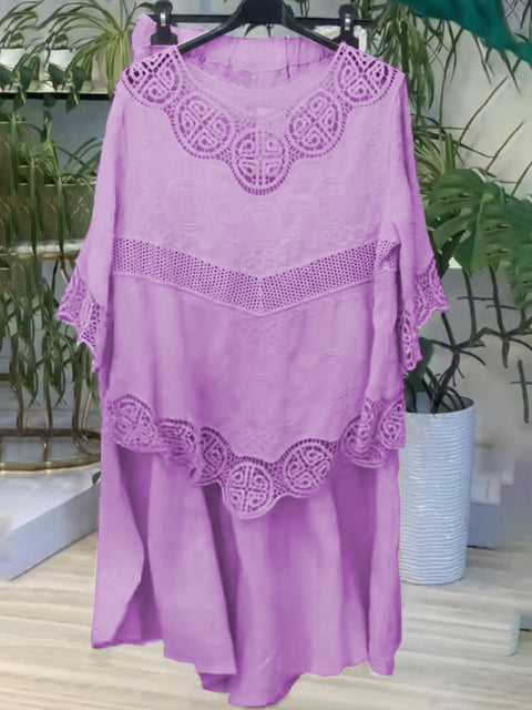 Women's Lace Linen Shirt and Pants Two Piece Set