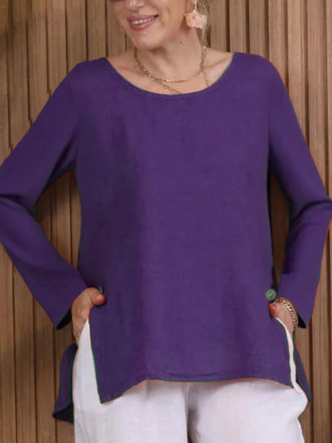 Women's Long Sleeve Button Slit Linen Top