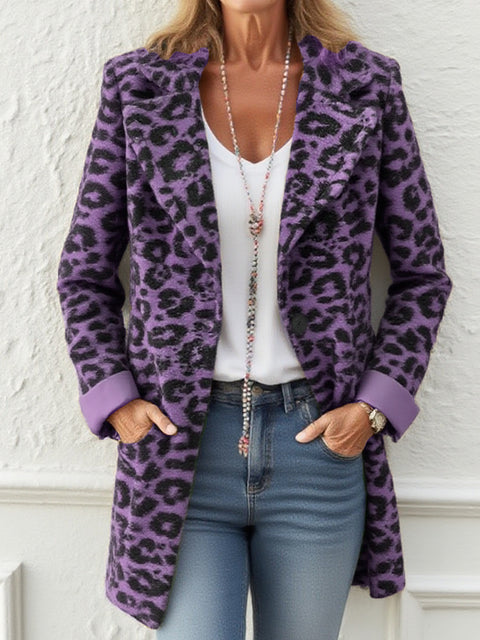 Animal Print Cuffs Color-block Woolen Coat